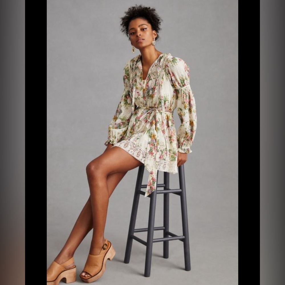 LoveShackFancy Fria floral button  front long sleeve dress size medium